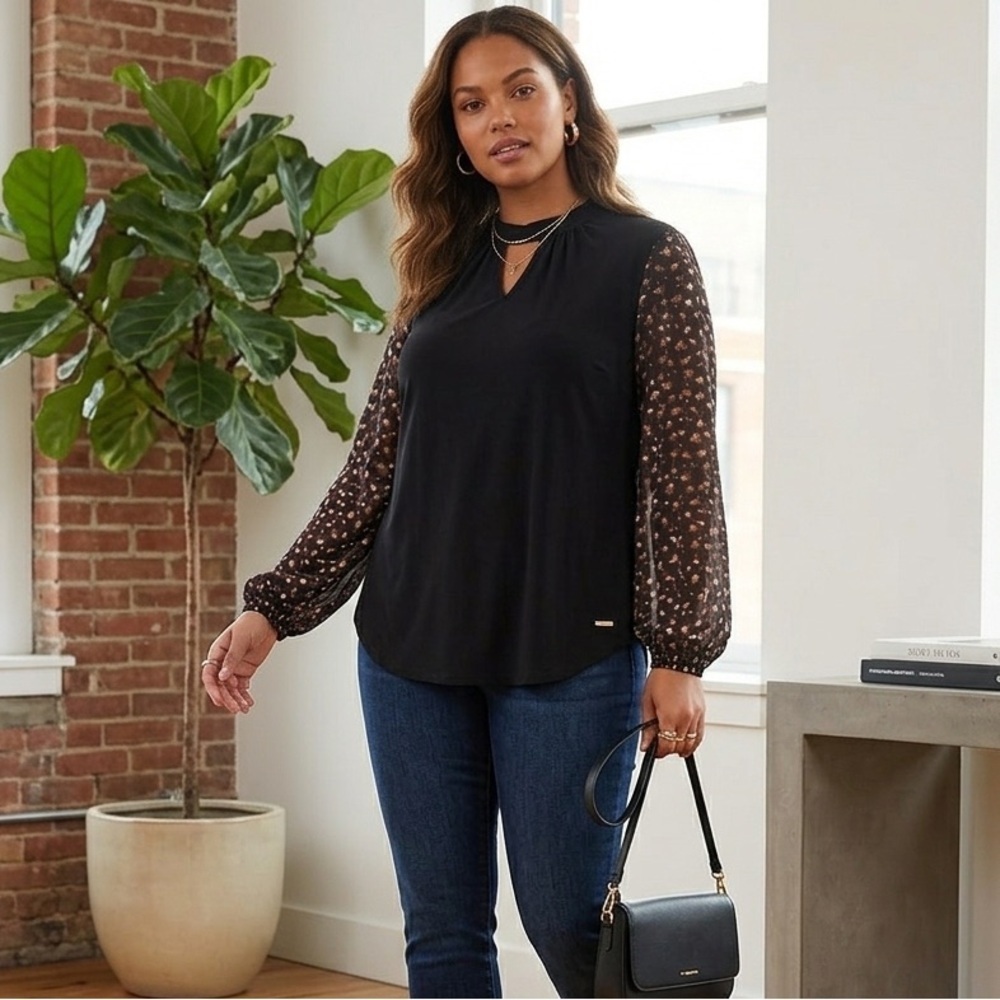 Anne Klein Mixed Media Black Blouse Sheer Sleeves Mobwife Boho Poetcore Small